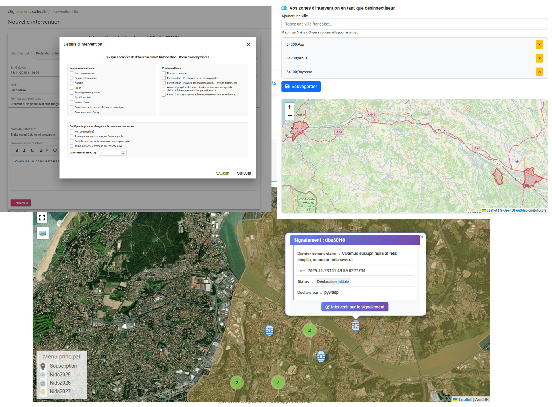 Tableau de bord WaspTracker Admin avec carte des signalements en France